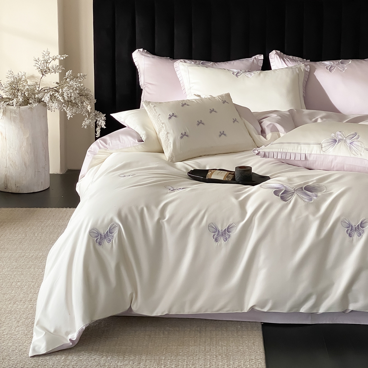 91家纺网 家纺一手货源 找家纺 极简 2026春夏新品100S长绒棉精密刺绣四件套-梦幻蝶语 梦幻蝶语-白