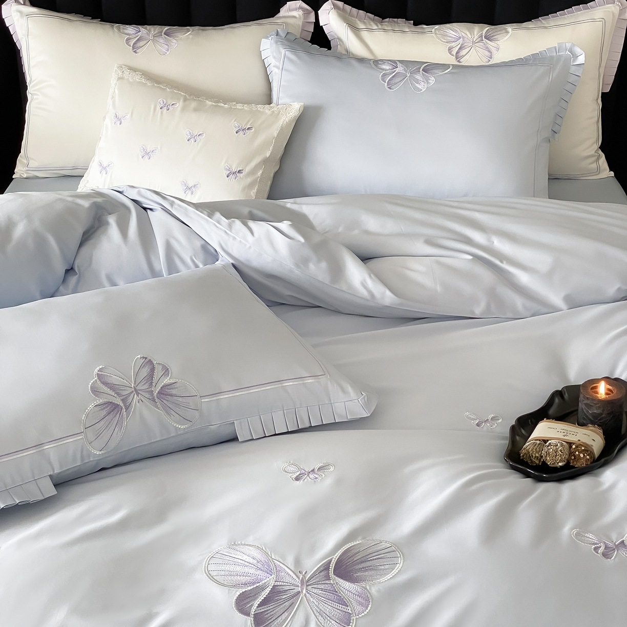 91家纺网 家纺一手货源 找家纺 极简 2026春夏新品100S长绒棉精密刺绣四件套-梦幻蝶语 梦幻蝶语-蓝