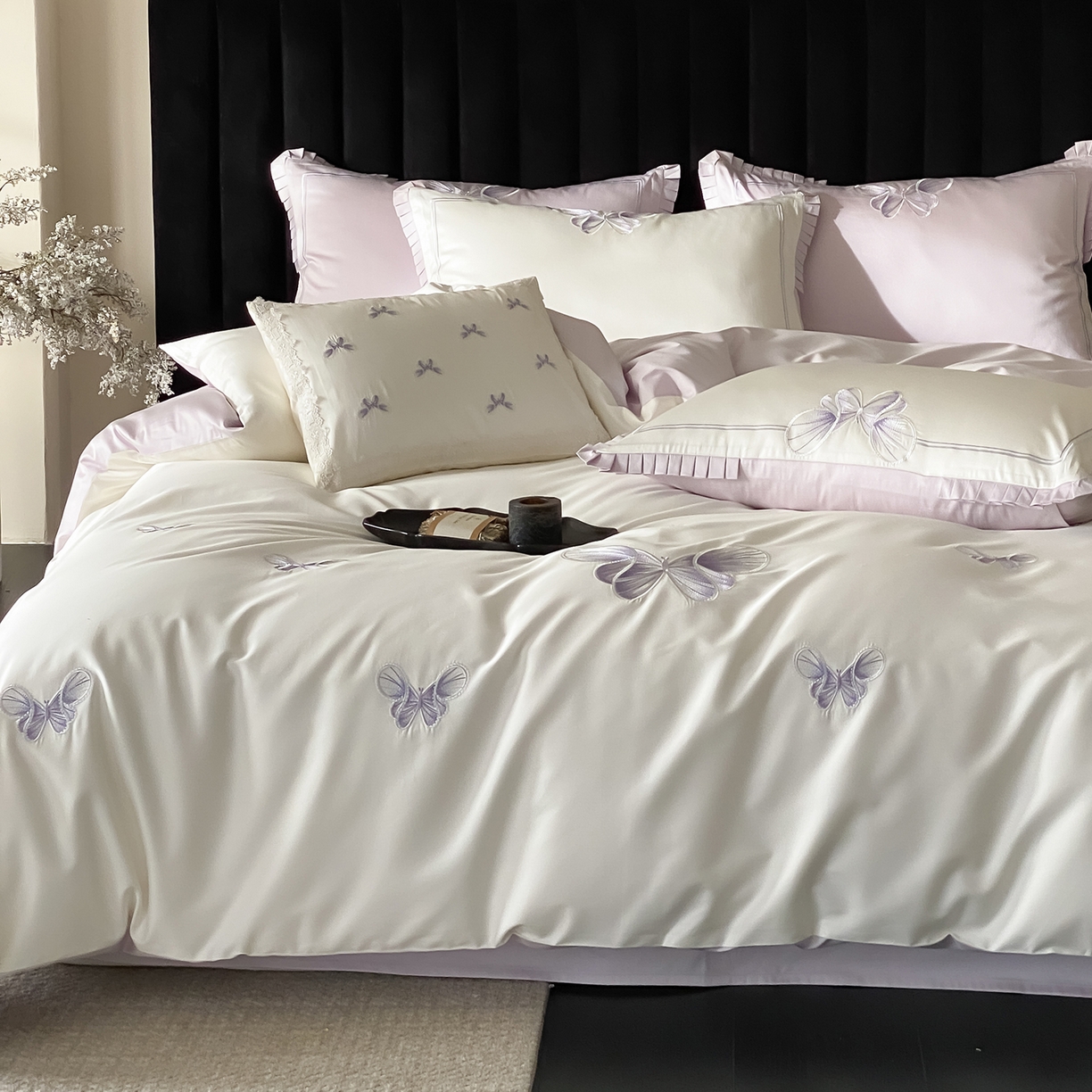 91家纺网 家纺一手货源 找家纺 极简 2026春夏新品100S长绒棉精密刺绣四件套-梦幻蝶语 梦幻蝶语-白