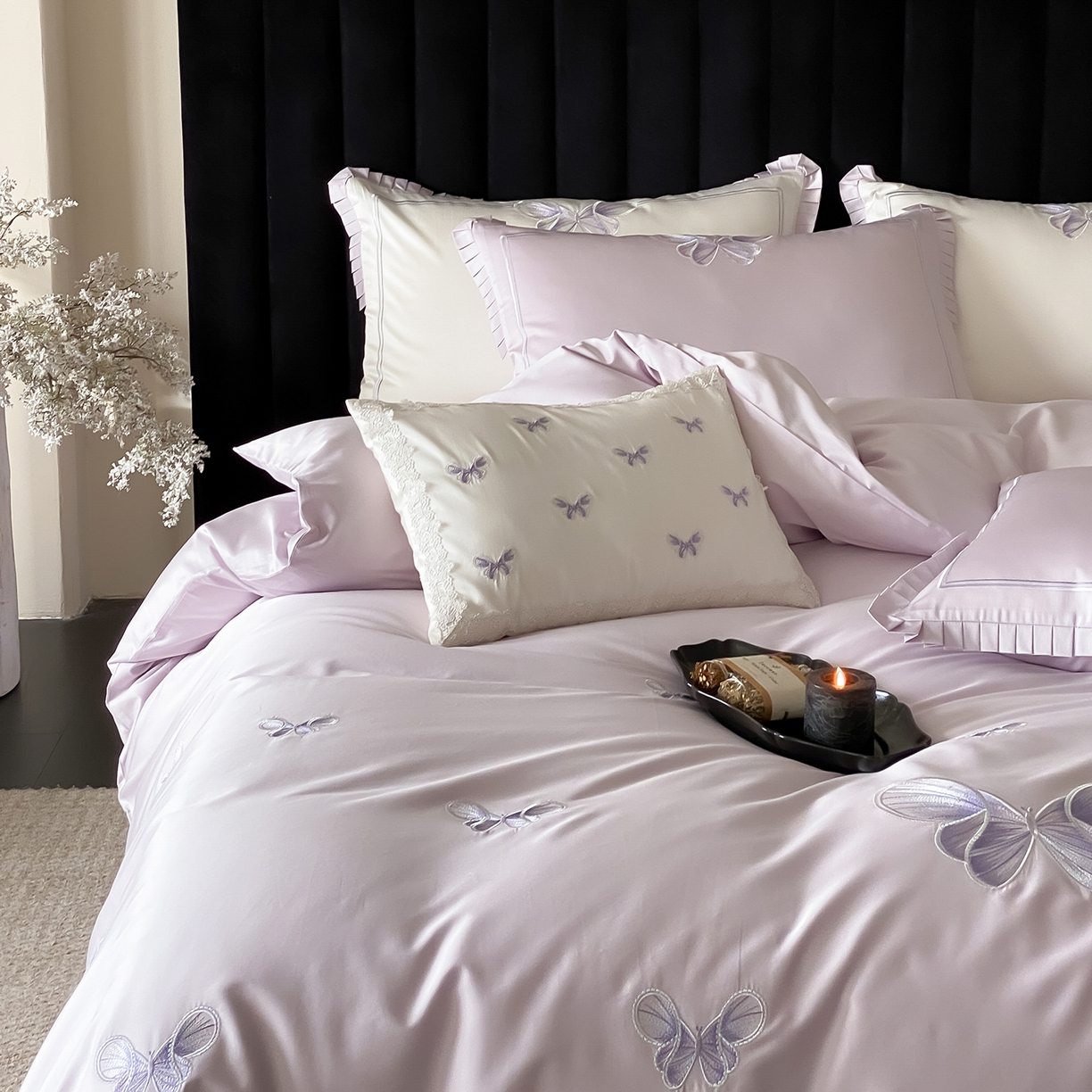 91家纺网 家纺一手货源 找家纺 极简 2026春夏新品100S长绒棉精密刺绣四件套-梦幻蝶语 梦幻蝶语-紫