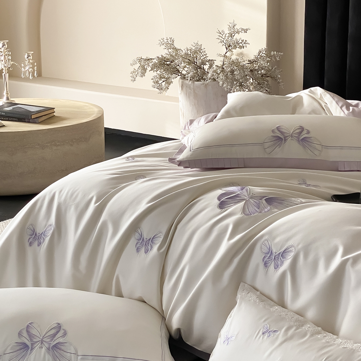 91家纺网 家纺一手货源 找家纺 极简 2026春夏新品100S长绒棉精密刺绣四件套-梦幻蝶语 梦幻蝶语-白