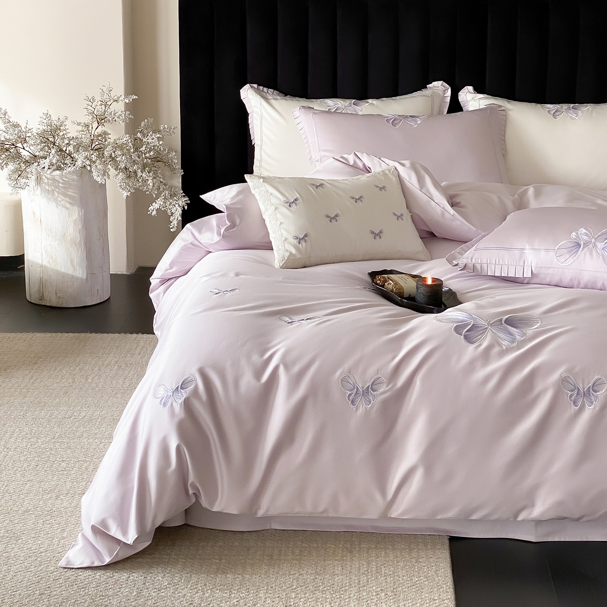 91家纺网 家纺一手货源 找家纺 极简 2026春夏新品100S长绒棉精密刺绣四件套-梦幻蝶语 梦幻蝶语-紫