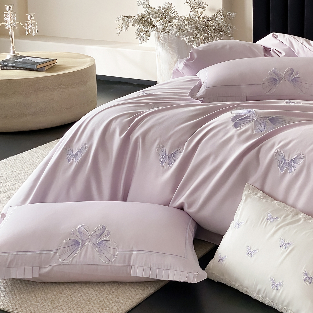 91家纺网 家纺一手货源 找家纺 极简 2026春夏新品100S长绒棉精密刺绣四件套-梦幻蝶语 梦幻蝶语-紫