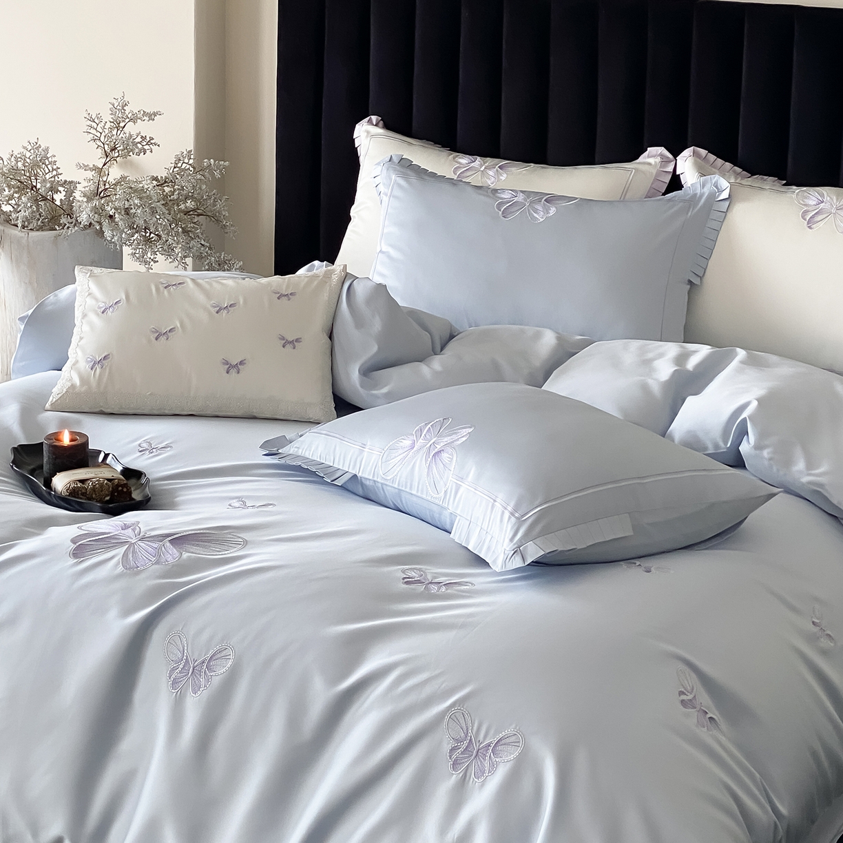 91家纺网 家纺一手货源 找家纺 极简 2026春夏新品100S长绒棉精密刺绣四件套-梦幻蝶语 梦幻蝶语-蓝