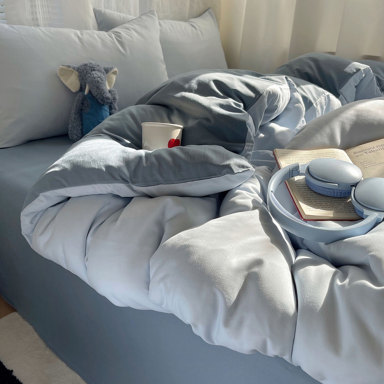 91家纺网 家纺一手货源 找家纺 沐芷 2026 纯色水洗棉A类四件套105g床上用品床单被套三件套---【提供买家秀】 冰蓝雾灰