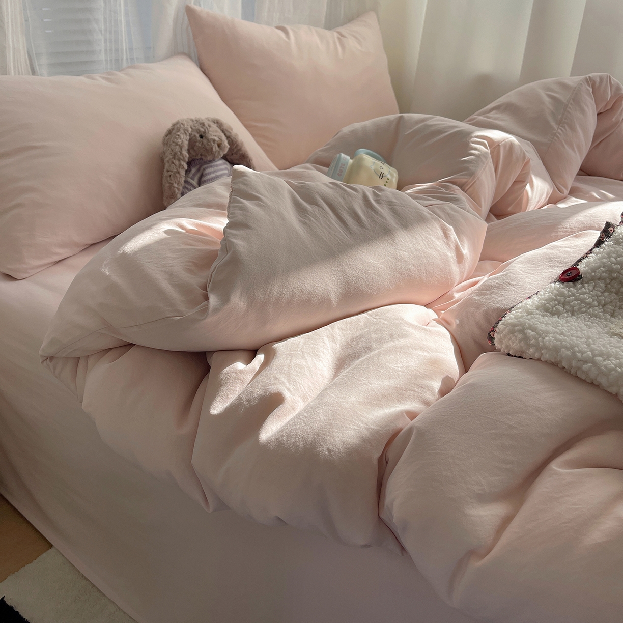 91家纺网 家纺一手货源 找家纺 沐芷 2026 纯色水洗棉A类四件套105g床上用品床单被套三件套---【提供买家秀】 纯粉玉