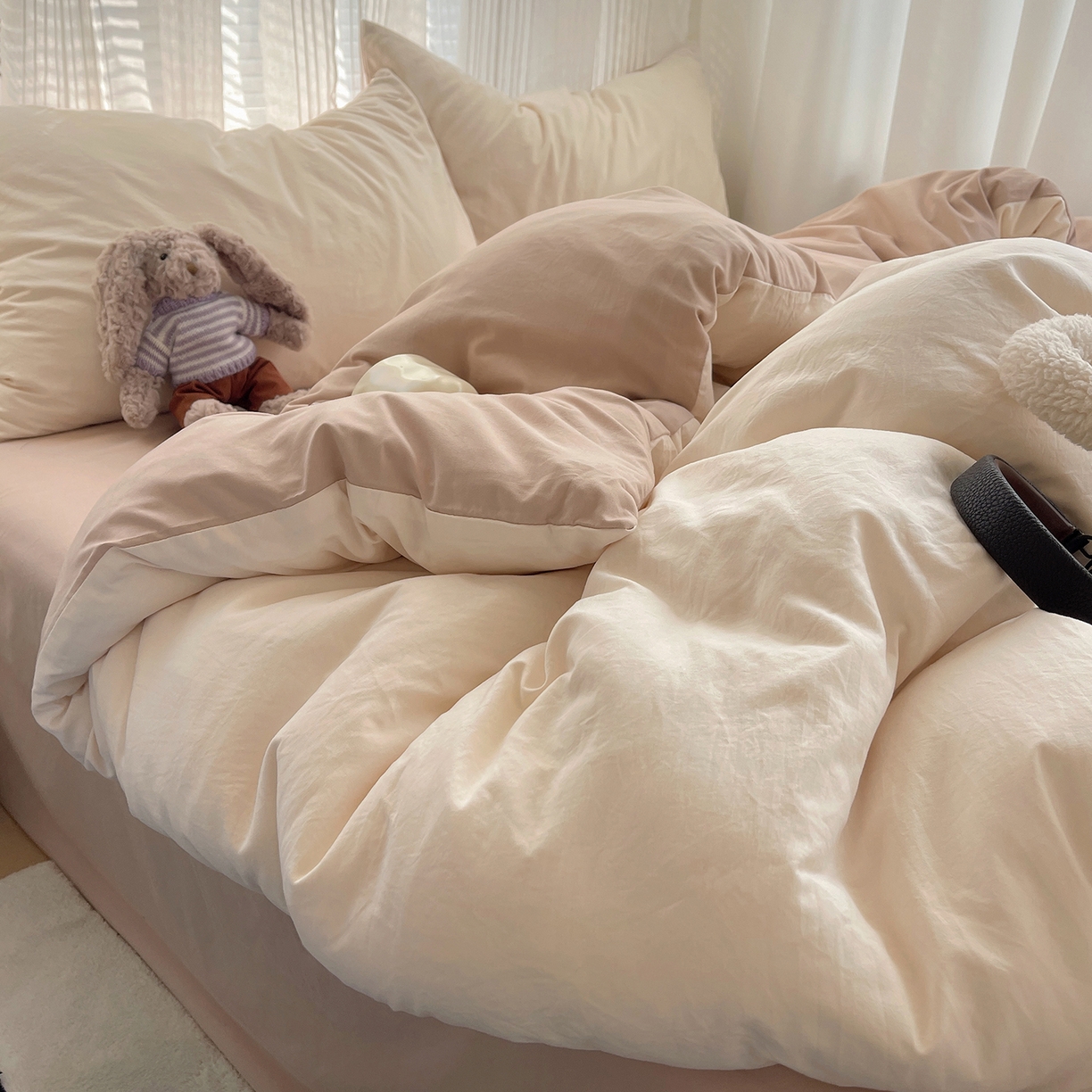 91家纺网 家纺一手货源 找家纺 沐芷 2026 纯色水洗棉A类四件套105g床上用品床单被套三件套---【提供买家秀】 杏色奶茶