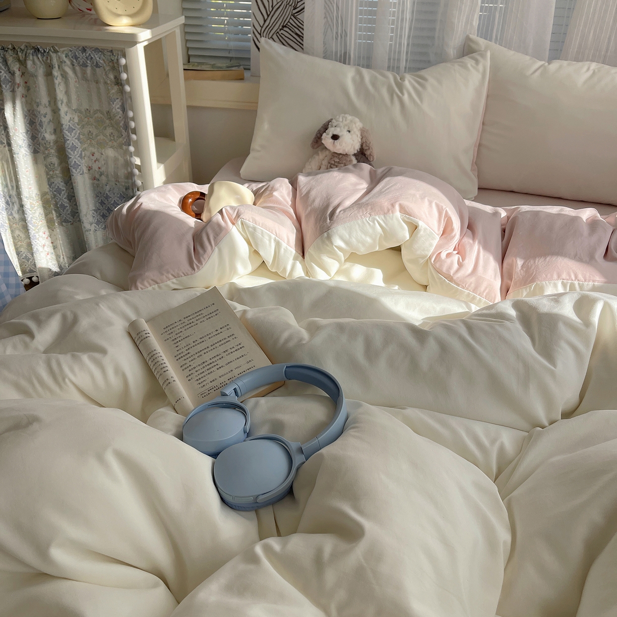 91家纺网 家纺一手货源 找家纺 沐芷 2026 纯色水洗棉A类四件套105g床上用品床单被套三件套---【提供买家秀】 奶白粉玉