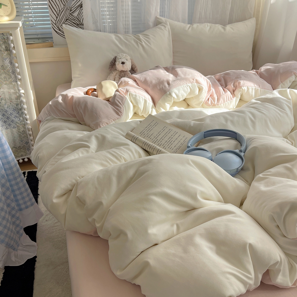 91家纺网 家纺一手货源 找家纺 沐芷 2026 纯色水洗棉A类四件套105g床上用品床单被套三件套---【提供买家秀】 奶白粉玉