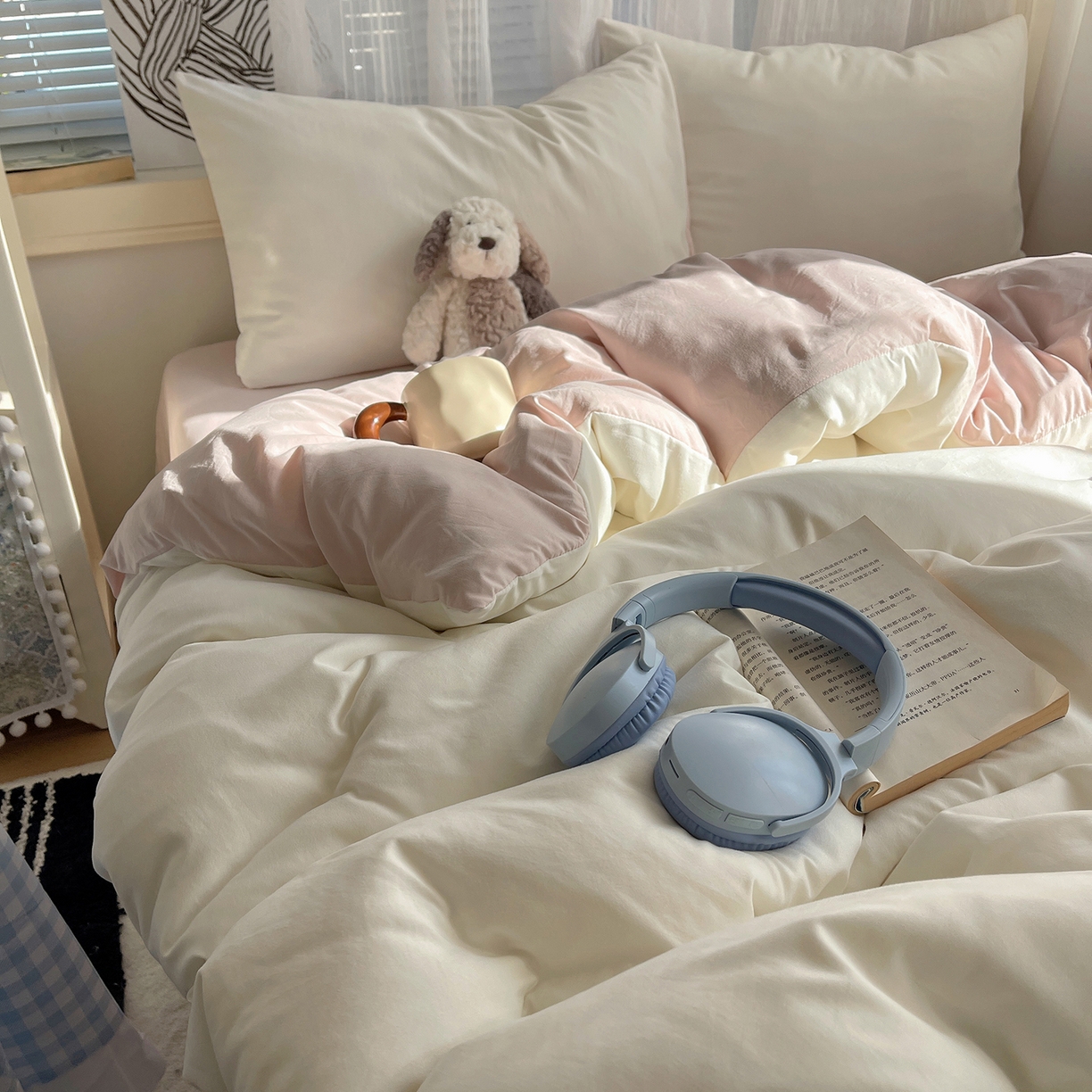 91家纺网 家纺一手货源 找家纺 沐芷 2026 纯色水洗棉A类四件套105g床上用品床单被套三件套---【提供买家秀】 奶白粉玉