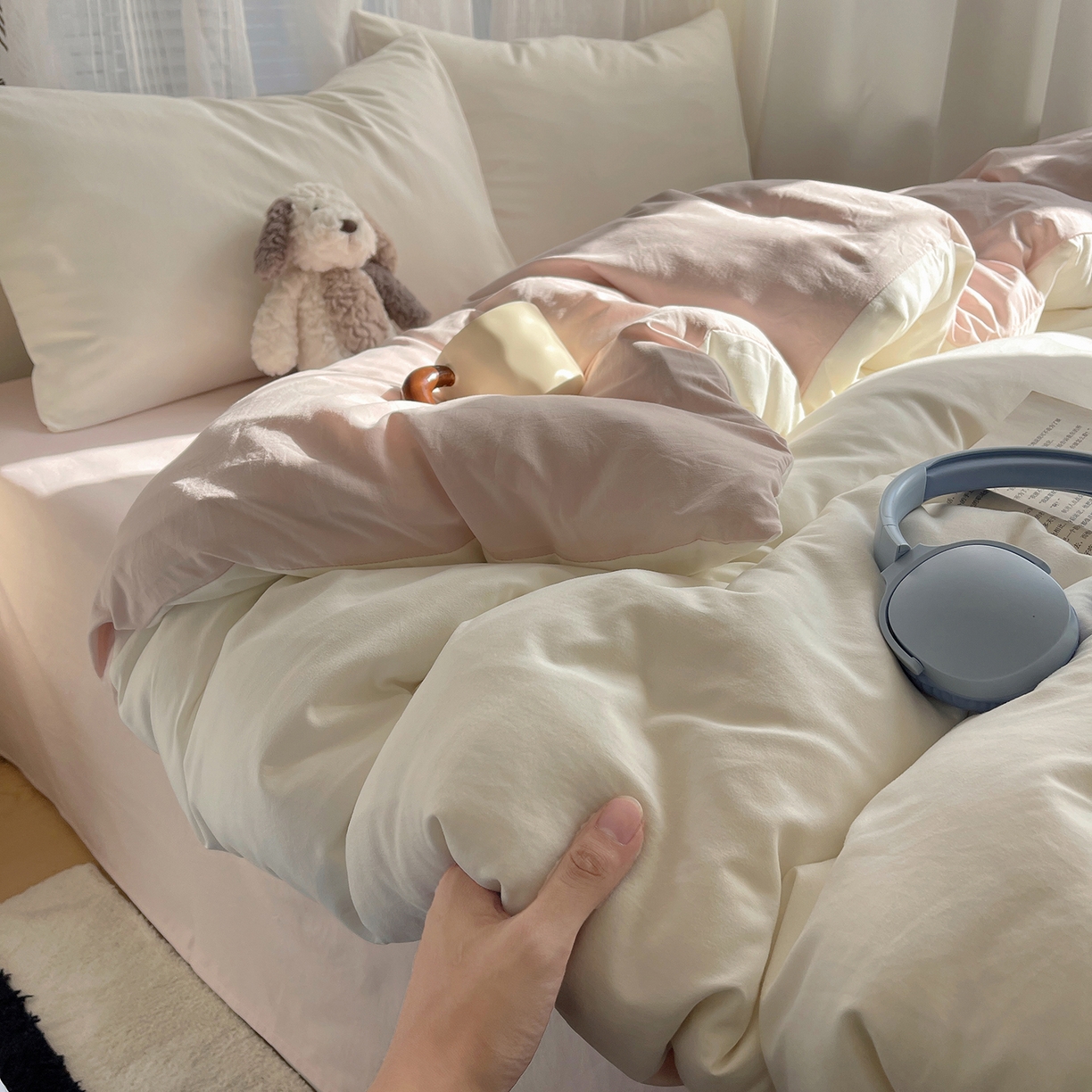 91家纺网 家纺一手货源 找家纺 沐芷 2026 纯色水洗棉A类四件套105g床上用品床单被套三件套---【提供买家秀】 奶白粉玉