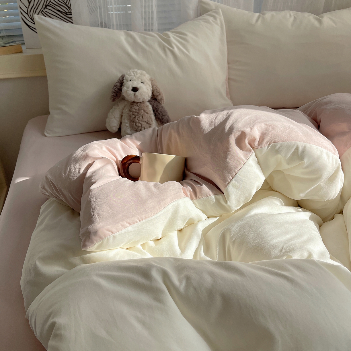 91家纺网 家纺一手货源 找家纺 沐芷 2026 纯色水洗棉A类四件套105g床上用品床单被套三件套---【提供买家秀】 奶白粉玉