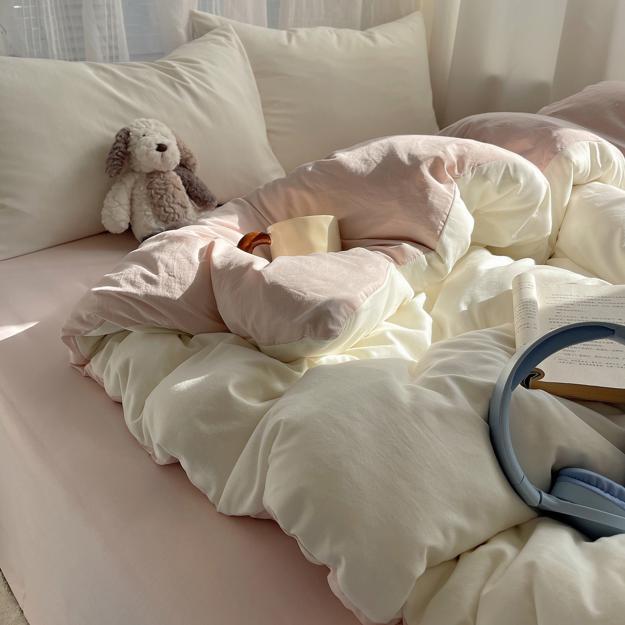 91家纺网 家纺一手货源 找家纺 沐芷 2026 纯色水洗棉A类四件套105g床上用品床单被套三件套---【提供买家秀】 奶白粉玉