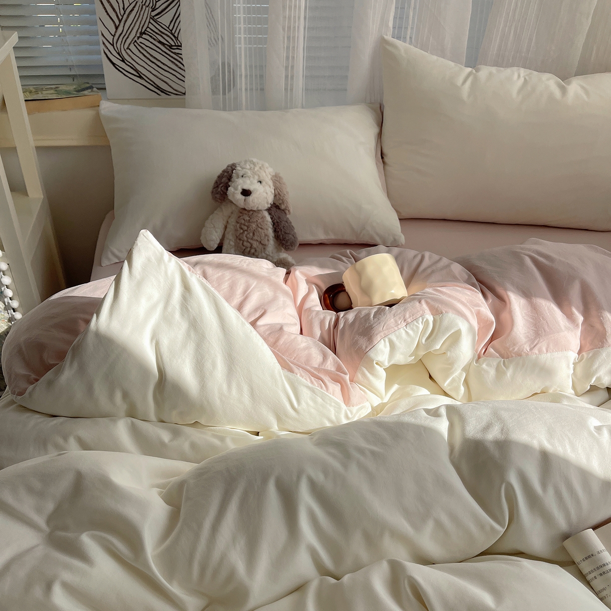 91家纺网 家纺一手货源 找家纺 沐芷 2026 纯色水洗棉A类四件套105g床上用品床单被套三件套---【提供买家秀】 奶白粉玉