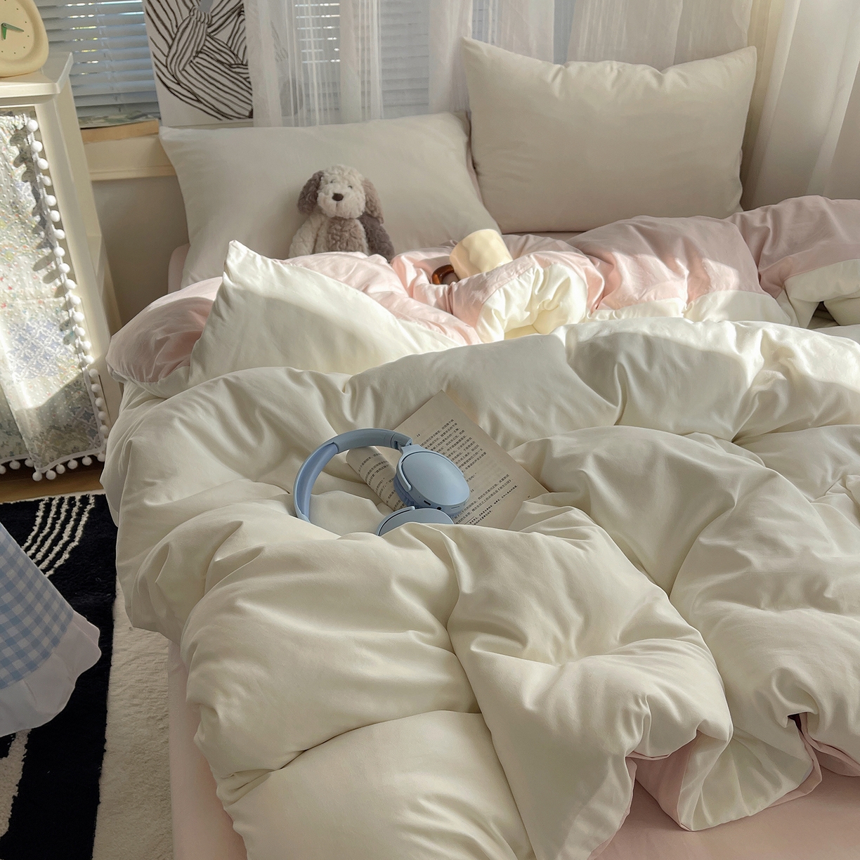 91家纺网 家纺一手货源 找家纺 沐芷 2026 纯色水洗棉A类四件套105g床上用品床单被套三件套---【提供买家秀】 奶白粉玉