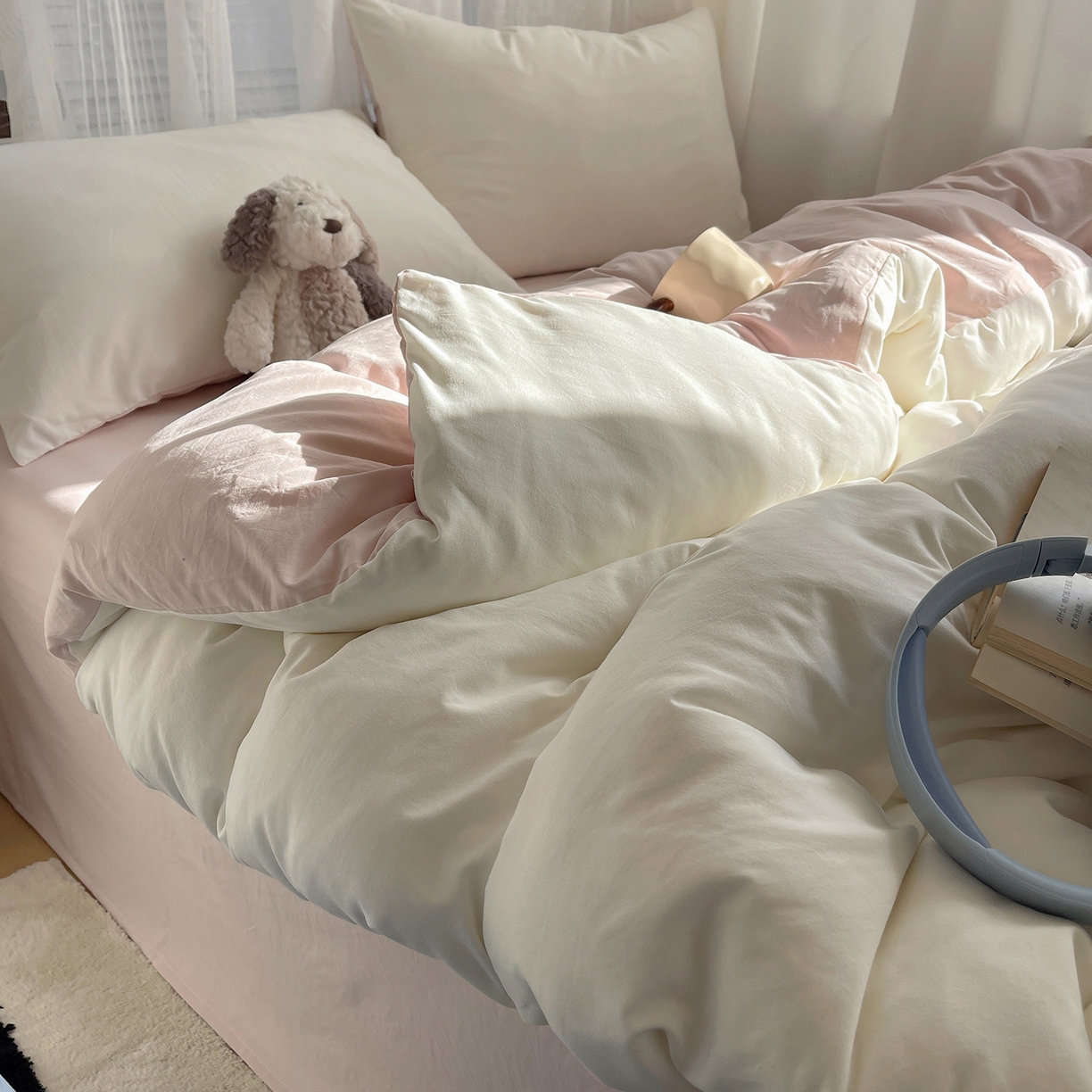 91家纺网 家纺一手货源 找家纺 沐芷 2026 纯色水洗棉A类四件套105g床上用品床单被套三件套---【提供买家秀】 奶白粉玉