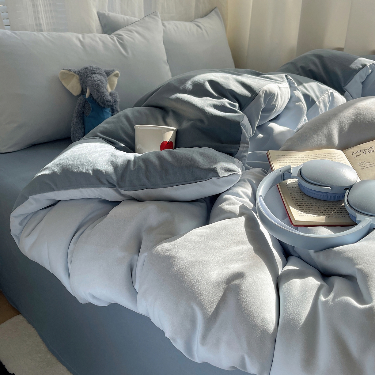 91家纺网 家纺一手货源 找家纺 沐芷 2026 纯色水洗棉A类四件套105g床上用品床单被套三件套---【提供买家秀】 冰蓝雾灰