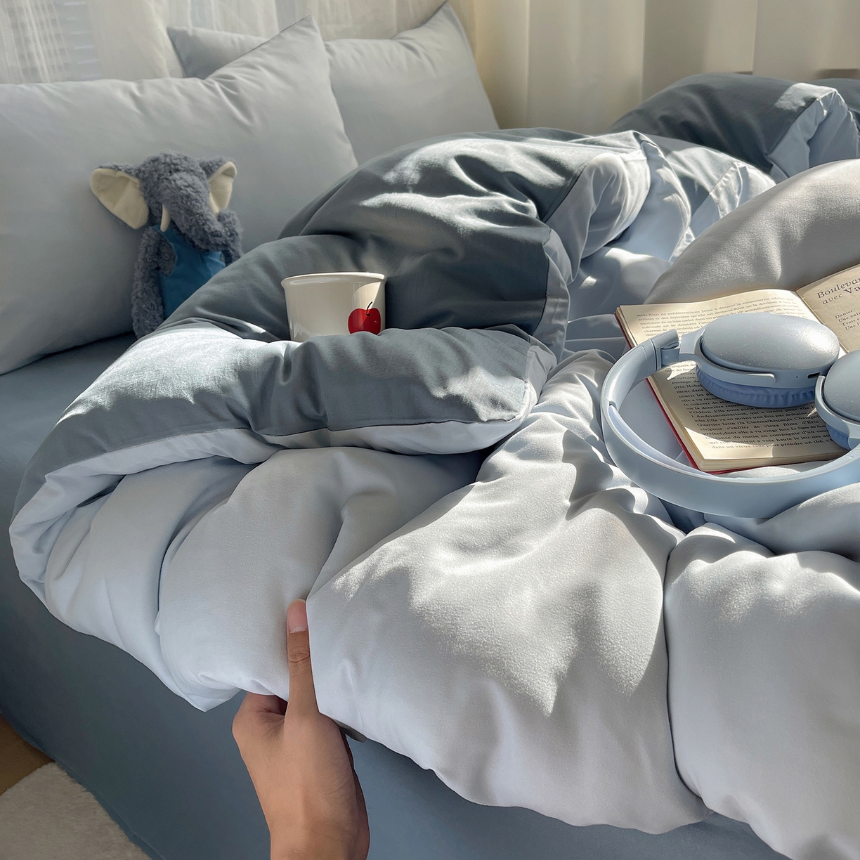 91家纺网 家纺一手货源 找家纺 沐芷 2026 纯色水洗棉A类四件套105g床上用品床单被套三件套---【提供买家秀】 冰蓝雾灰