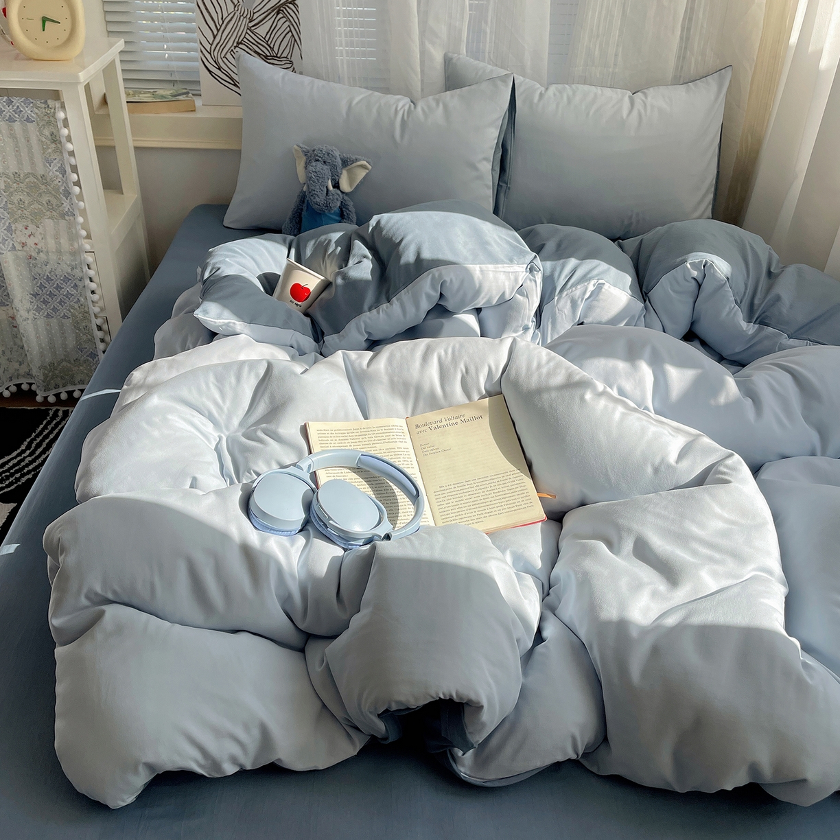 91家纺网 家纺一手货源 找家纺 沐芷 2026 纯色水洗棉A类四件套105g床上用品床单被套三件套---【提供买家秀】 冰蓝雾灰