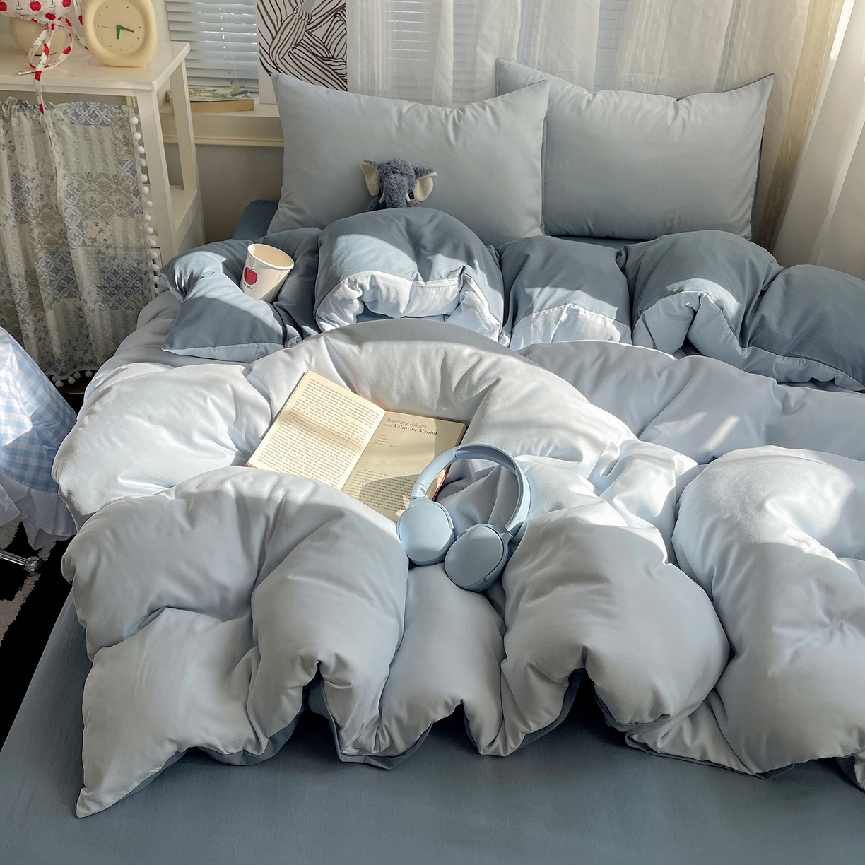 91家纺网 家纺一手货源 找家纺 沐芷 2026 纯色水洗棉A类四件套105g床上用品床单被套三件套---【提供买家秀】 冰蓝雾灰