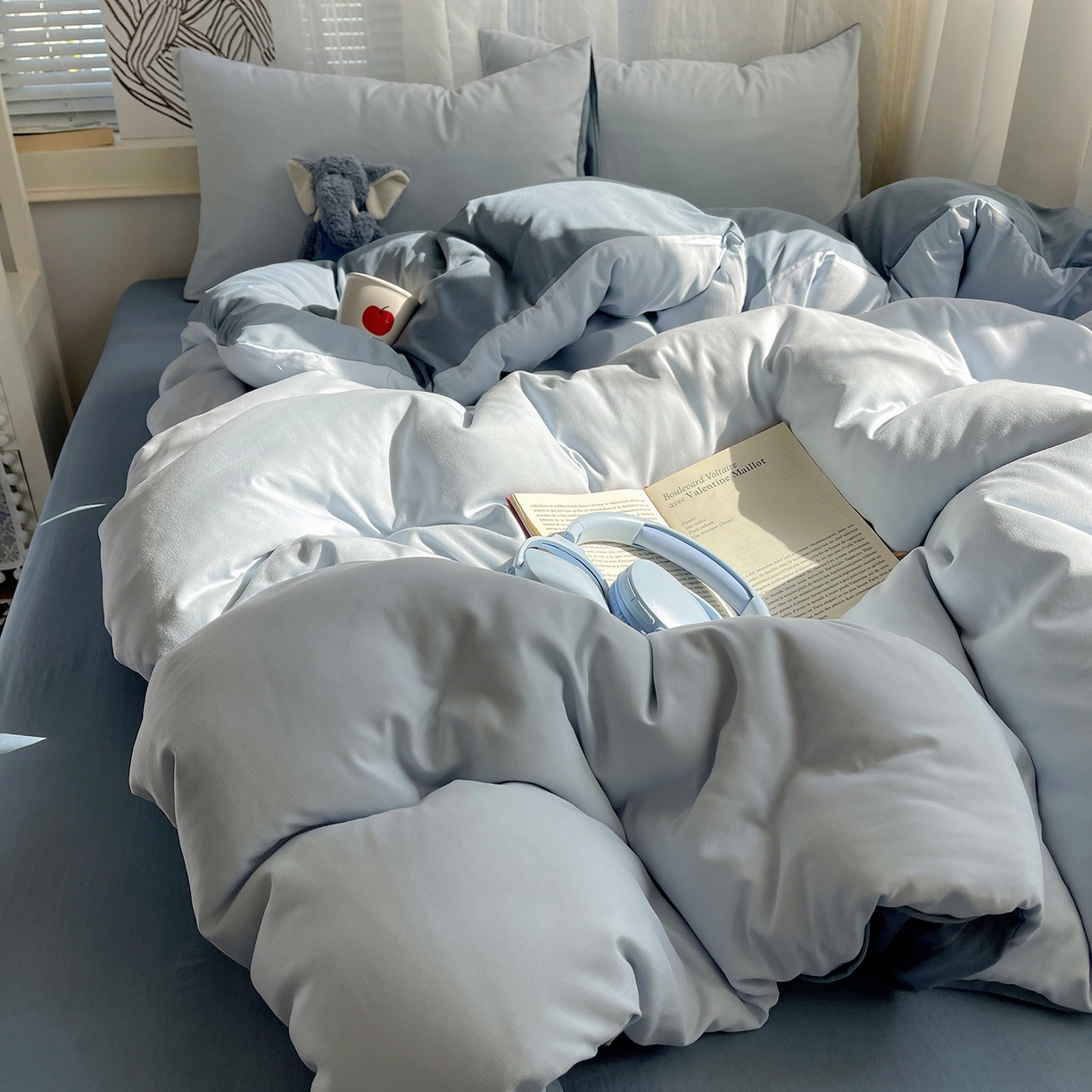 91家纺网 家纺一手货源 找家纺 沐芷 2026 纯色水洗棉A类四件套105g床上用品床单被套三件套---【提供买家秀】 冰蓝雾灰