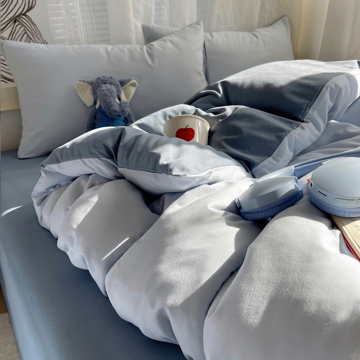 91家纺网 家纺一手货源 找家纺 沐芷 2026 纯色水洗棉A类四件套105g床上用品床单被套三件套---【提供买家秀】 冰蓝雾灰