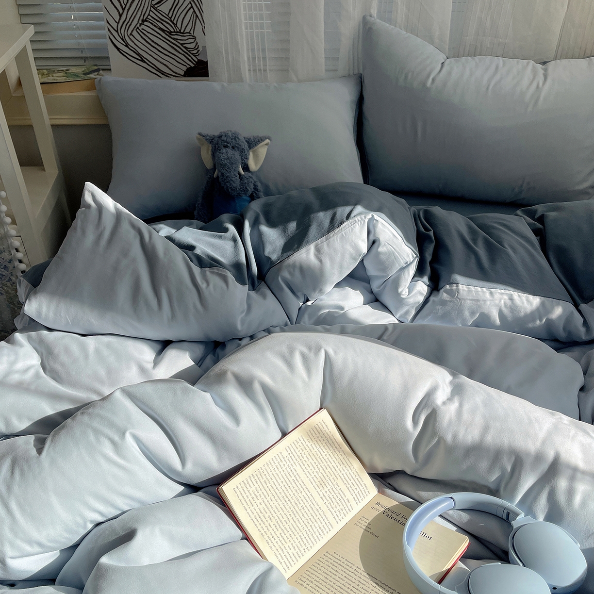 91家纺网 家纺一手货源 找家纺 沐芷 2026 纯色水洗棉A类四件套105g床上用品床单被套三件套---【提供买家秀】 冰蓝雾灰