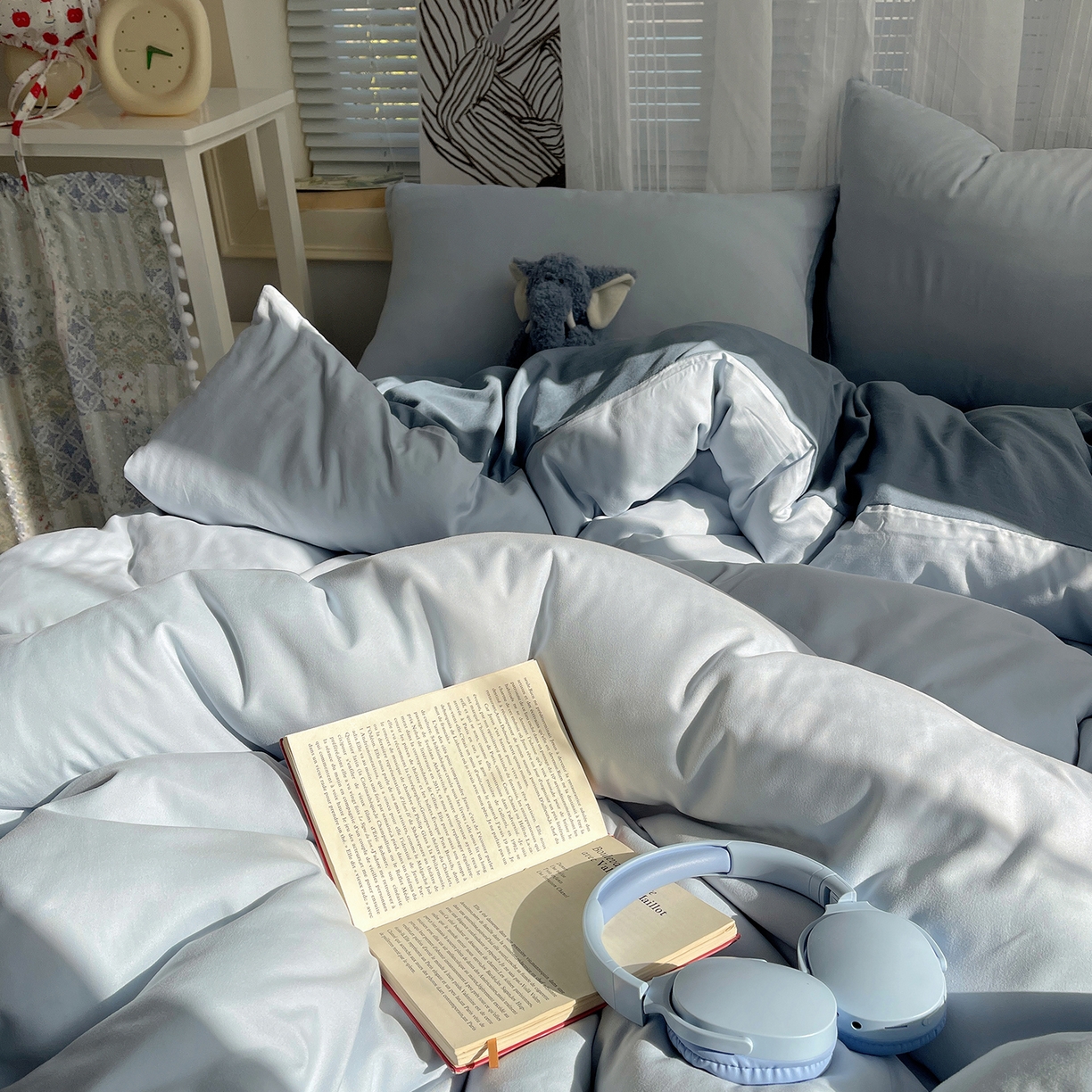 91家纺网 家纺一手货源 找家纺 沐芷 2026 纯色水洗棉A类四件套105g床上用品床单被套三件套---【提供买家秀】 冰蓝雾灰