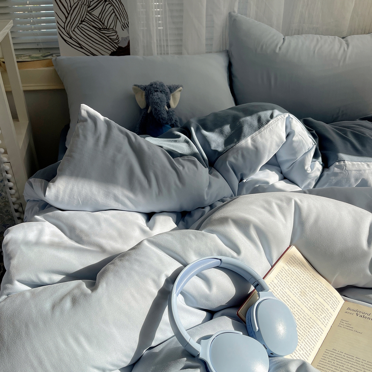 91家纺网 家纺一手货源 找家纺 沐芷 2026 纯色水洗棉A类四件套105g床上用品床单被套三件套---【提供买家秀】 冰蓝雾灰