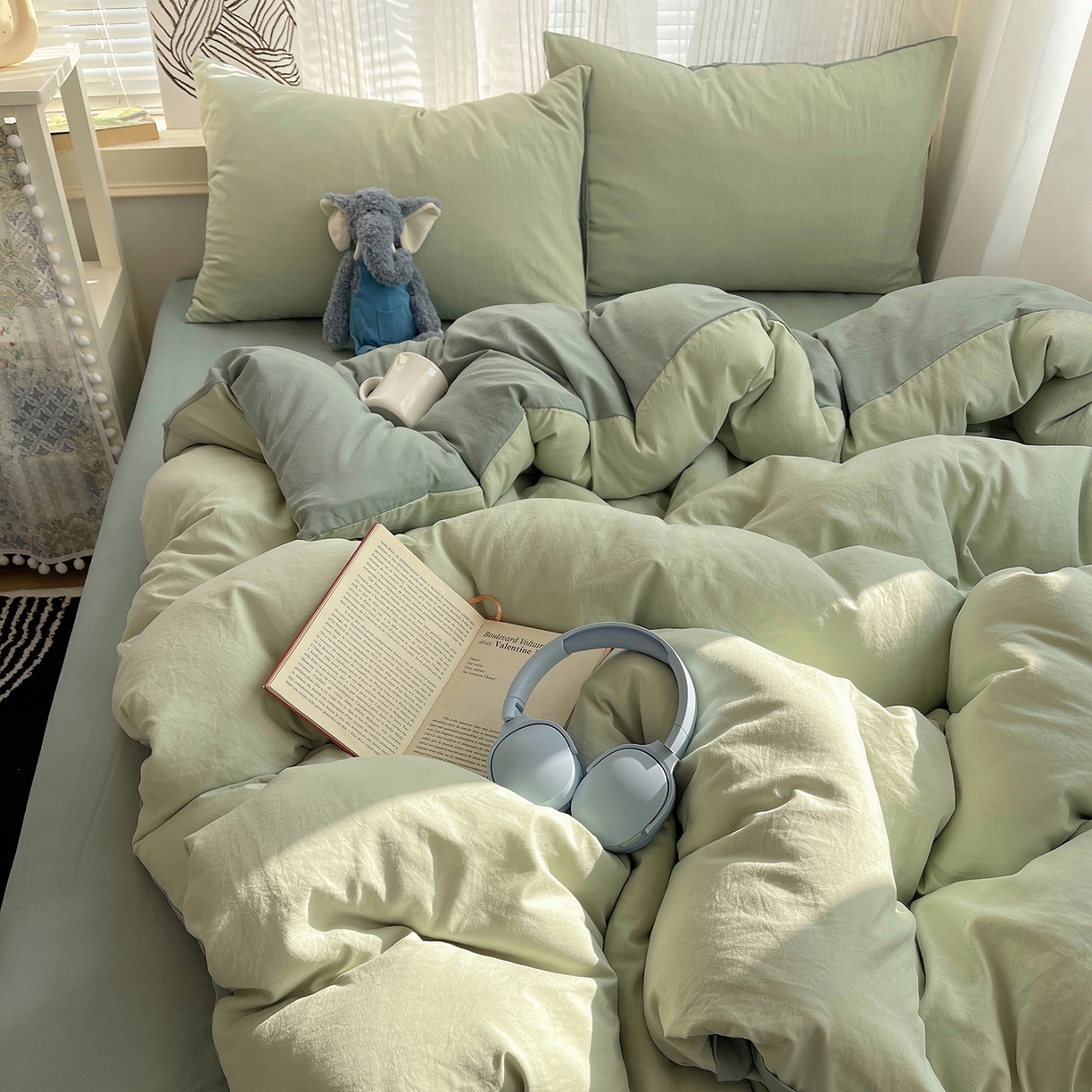 91家纺网 家纺一手货源 找家纺 沐芷 2026 纯色水洗棉A类四件套105g床上用品床单被套三件套---【提供买家秀】 草绿果绿