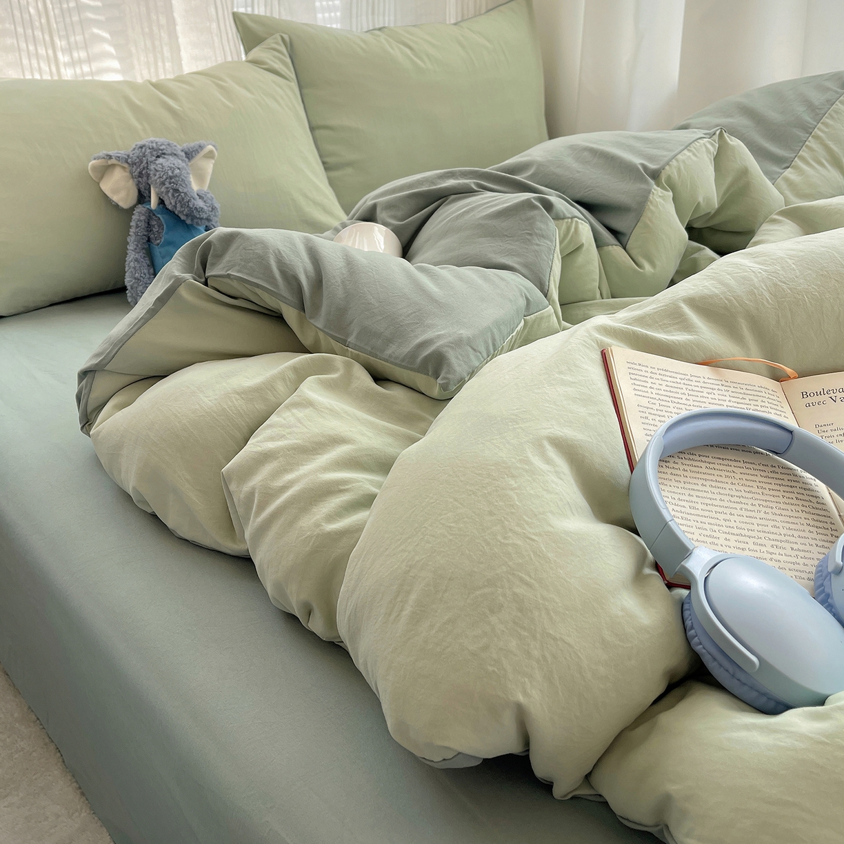 91家纺网 家纺一手货源 找家纺 沐芷 2026 纯色水洗棉A类四件套105g床上用品床单被套三件套---【提供买家秀】 草绿果绿