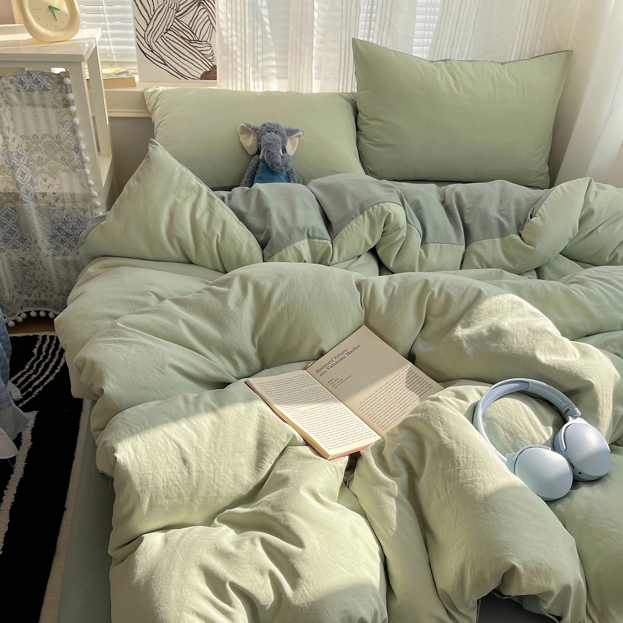 91家纺网 家纺一手货源 找家纺 沐芷 2026 纯色水洗棉A类四件套105g床上用品床单被套三件套---【提供买家秀】 草绿果绿