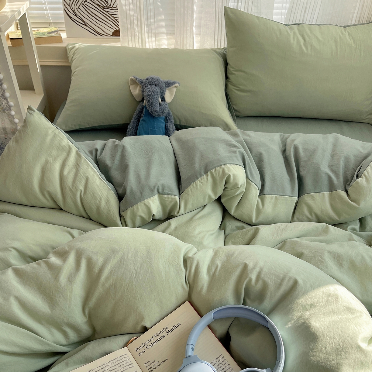 91家纺网 家纺一手货源 找家纺 沐芷 2026 纯色水洗棉A类四件套105g床上用品床单被套三件套---【提供买家秀】 草绿果绿