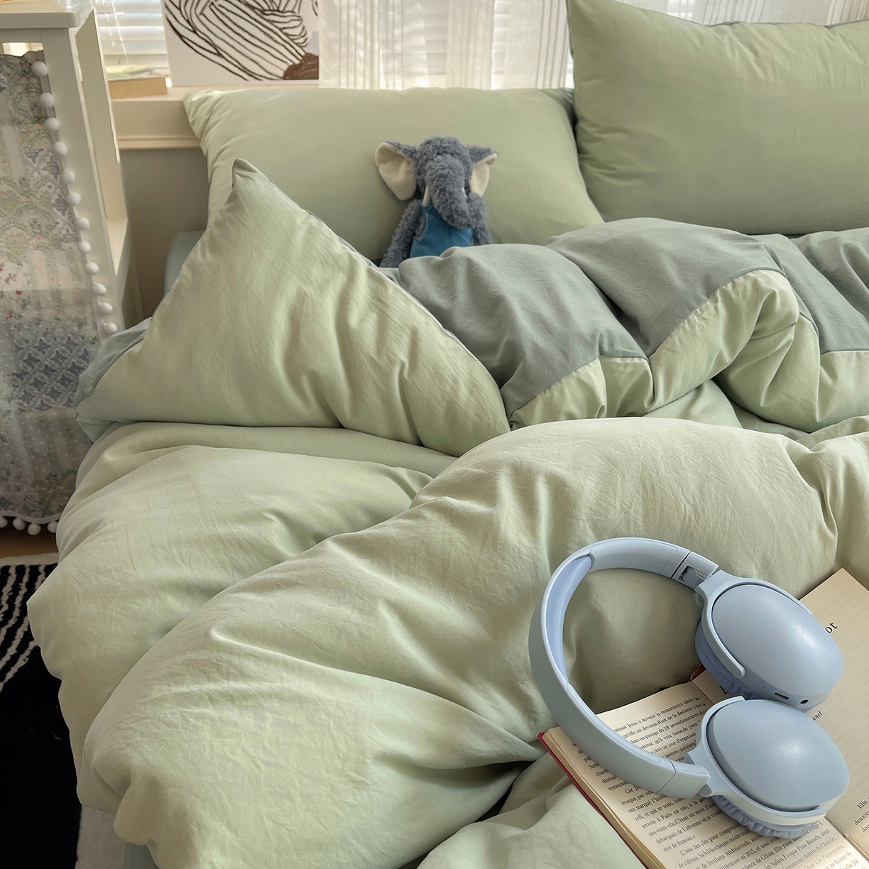 91家纺网 家纺一手货源 找家纺 沐芷 2026 纯色水洗棉A类四件套105g床上用品床单被套三件套---【提供买家秀】 草绿果绿