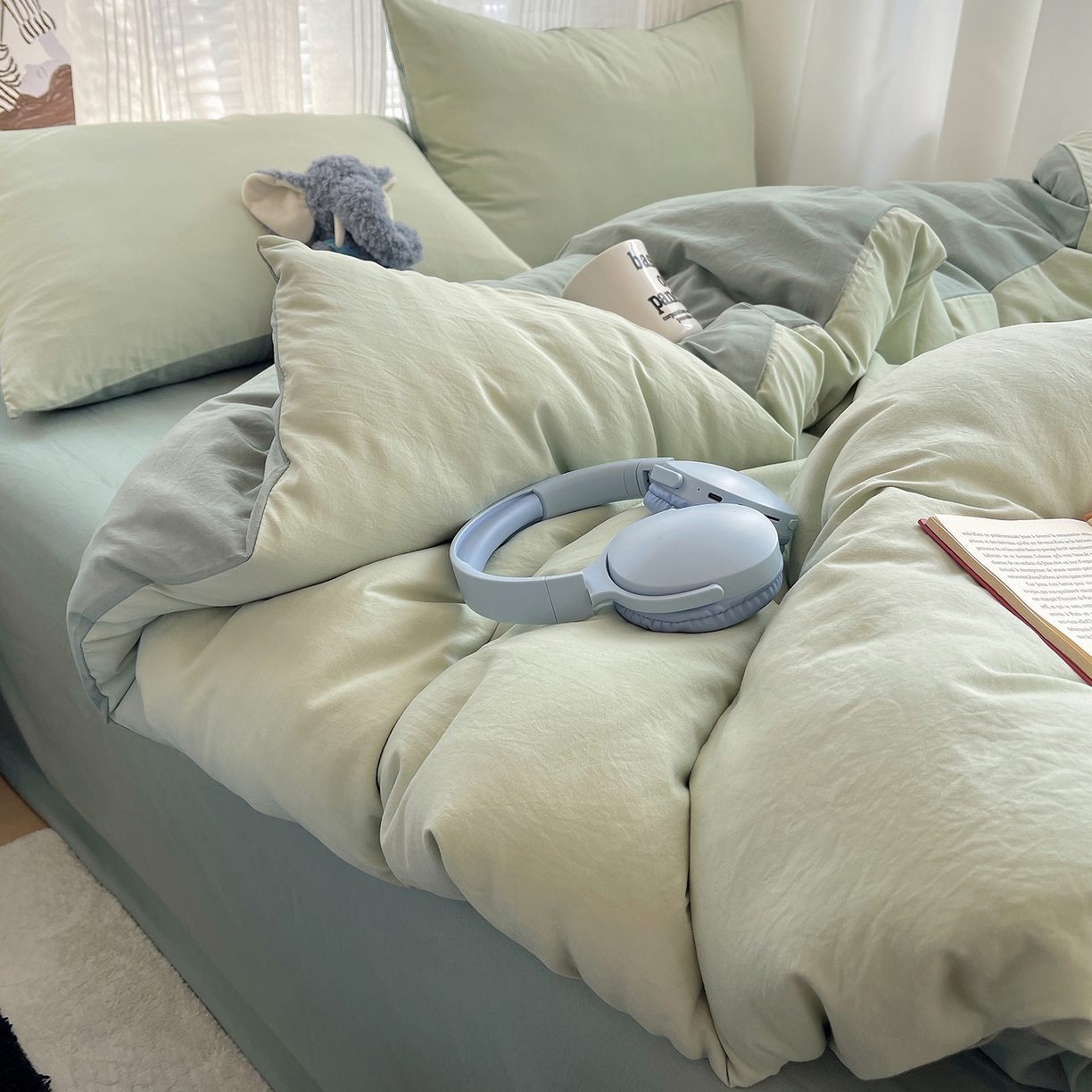 91家纺网 家纺一手货源 找家纺 沐芷 2026 纯色水洗棉A类四件套105g床上用品床单被套三件套---【提供买家秀】 草绿果绿