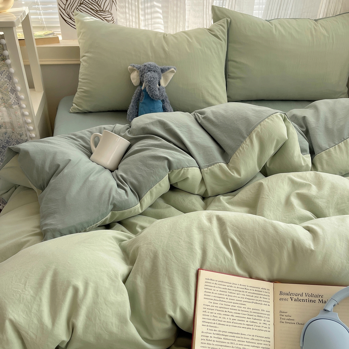 91家纺网 家纺一手货源 找家纺 沐芷 2026 纯色水洗棉A类四件套105g床上用品床单被套三件套---【提供买家秀】 草绿果绿