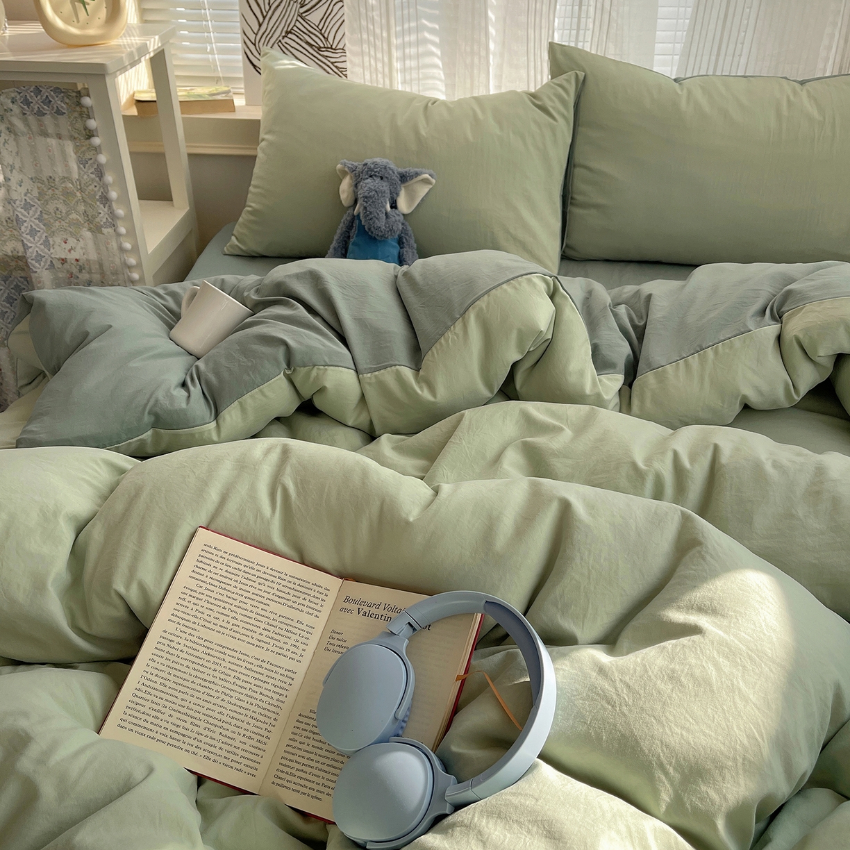 91家纺网 家纺一手货源 找家纺 沐芷 2026 纯色水洗棉A类四件套105g床上用品床单被套三件套---【提供买家秀】 草绿果绿