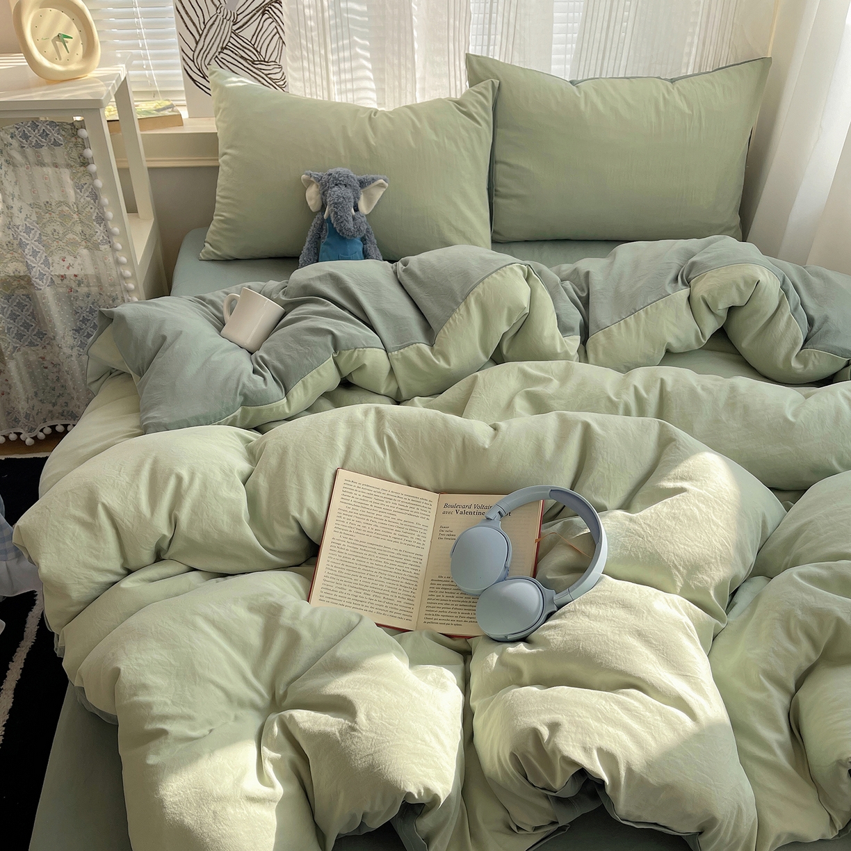 91家纺网 家纺一手货源 找家纺 沐芷 2026 纯色水洗棉A类四件套105g床上用品床单被套三件套---【提供买家秀】 草绿果绿