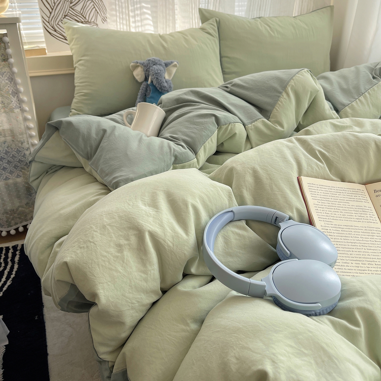 91家纺网 家纺一手货源 找家纺 沐芷 2026 纯色水洗棉A类四件套105g床上用品床单被套三件套---【提供买家秀】 草绿果绿