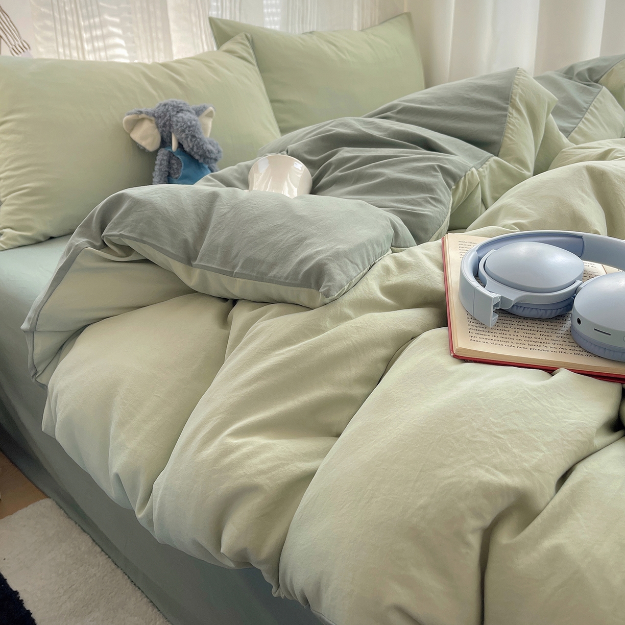 91家纺网 家纺一手货源 找家纺 沐芷 2026 纯色水洗棉A类四件套105g床上用品床单被套三件套---【提供买家秀】 草绿果绿