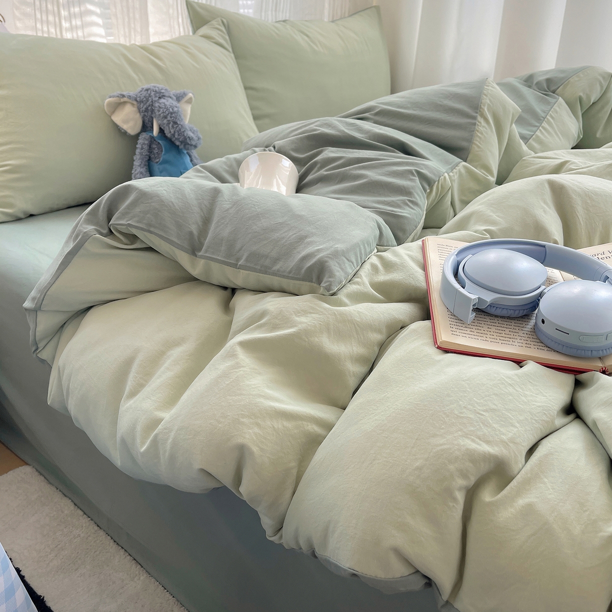 91家纺网 家纺一手货源 找家纺 沐芷 2026 纯色水洗棉A类四件套105g床上用品床单被套三件套---【提供买家秀】 草绿果绿