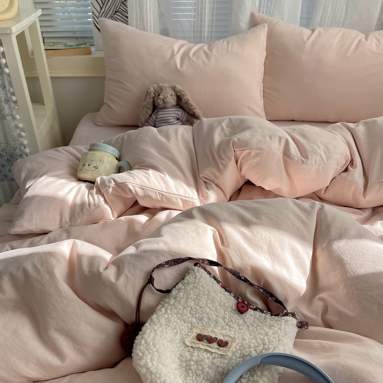 91家纺网 家纺一手货源 找家纺 沐芷 2026 纯色水洗棉A类四件套105g床上用品床单被套三件套---【提供买家秀】 纯粉玉