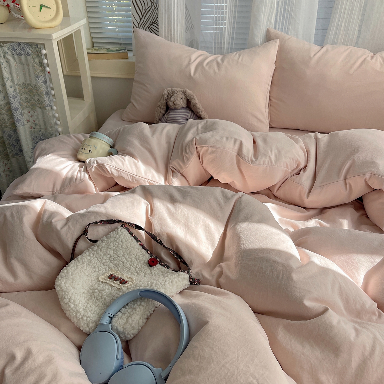 91家纺网 家纺一手货源 找家纺 沐芷 2026 纯色水洗棉A类四件套105g床上用品床单被套三件套---【提供买家秀】 纯粉玉