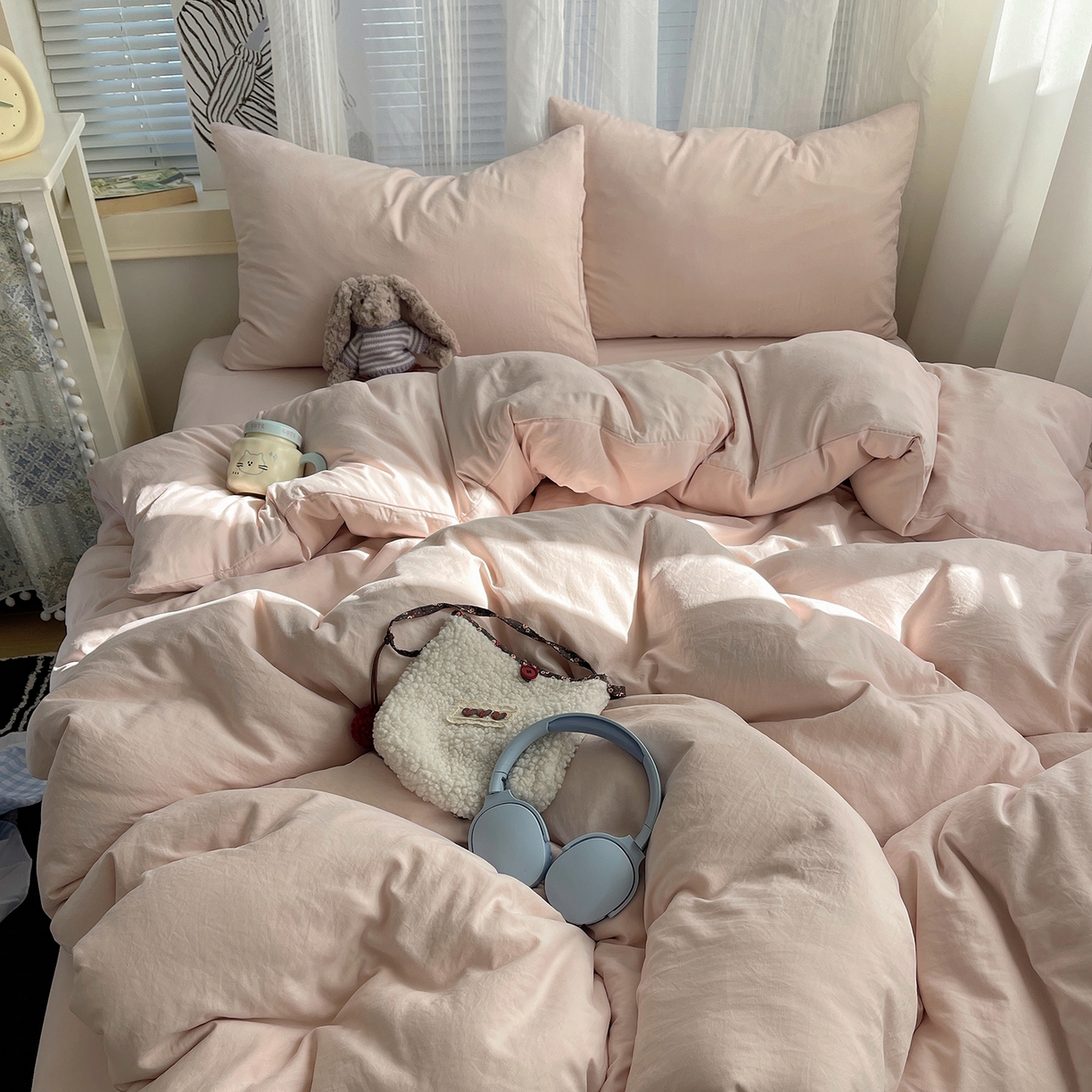 91家纺网 家纺一手货源 找家纺 沐芷 2026 纯色水洗棉A类四件套105g床上用品床单被套三件套---【提供买家秀】 纯粉玉