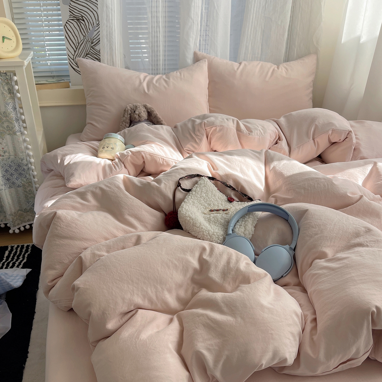 91家纺网 家纺一手货源 找家纺 沐芷 2026 纯色水洗棉A类四件套105g床上用品床单被套三件套---【提供买家秀】 纯粉玉