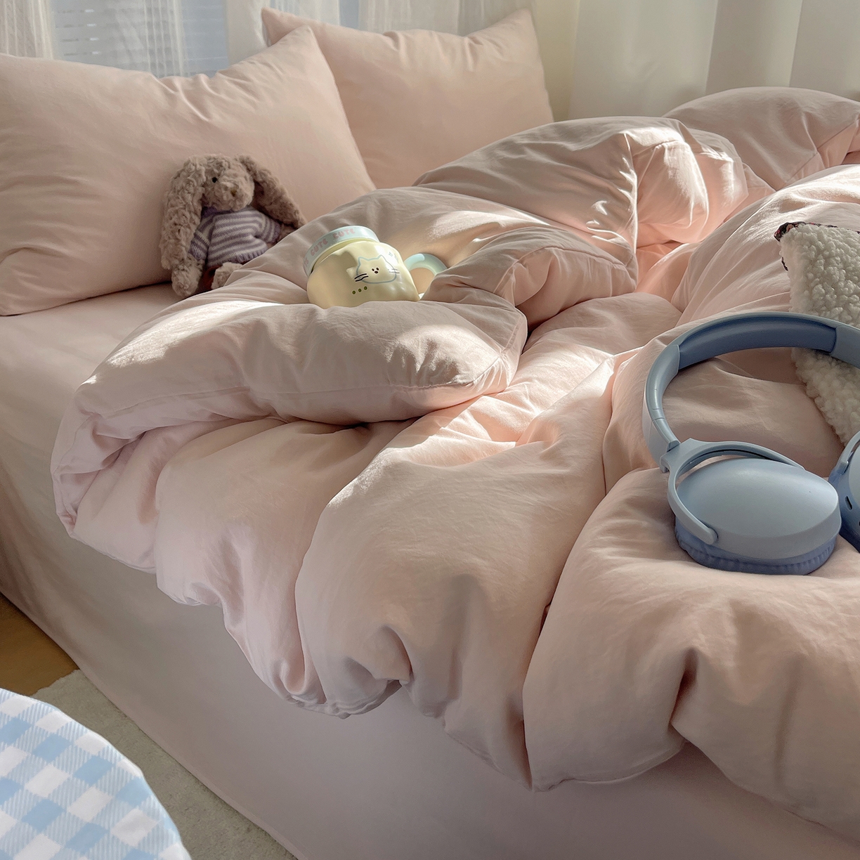 91家纺网 家纺一手货源 找家纺 沐芷 2026 纯色水洗棉A类四件套105g床上用品床单被套三件套---【提供买家秀】 纯粉玉