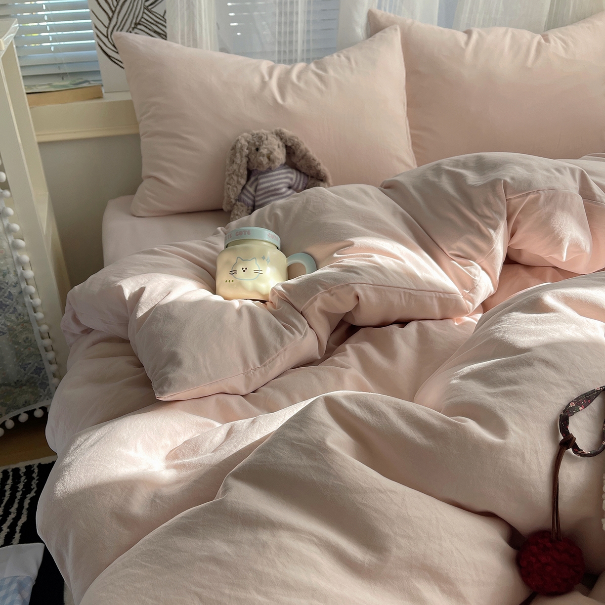 91家纺网 家纺一手货源 找家纺 沐芷 2026 纯色水洗棉A类四件套105g床上用品床单被套三件套---【提供买家秀】 纯粉玉