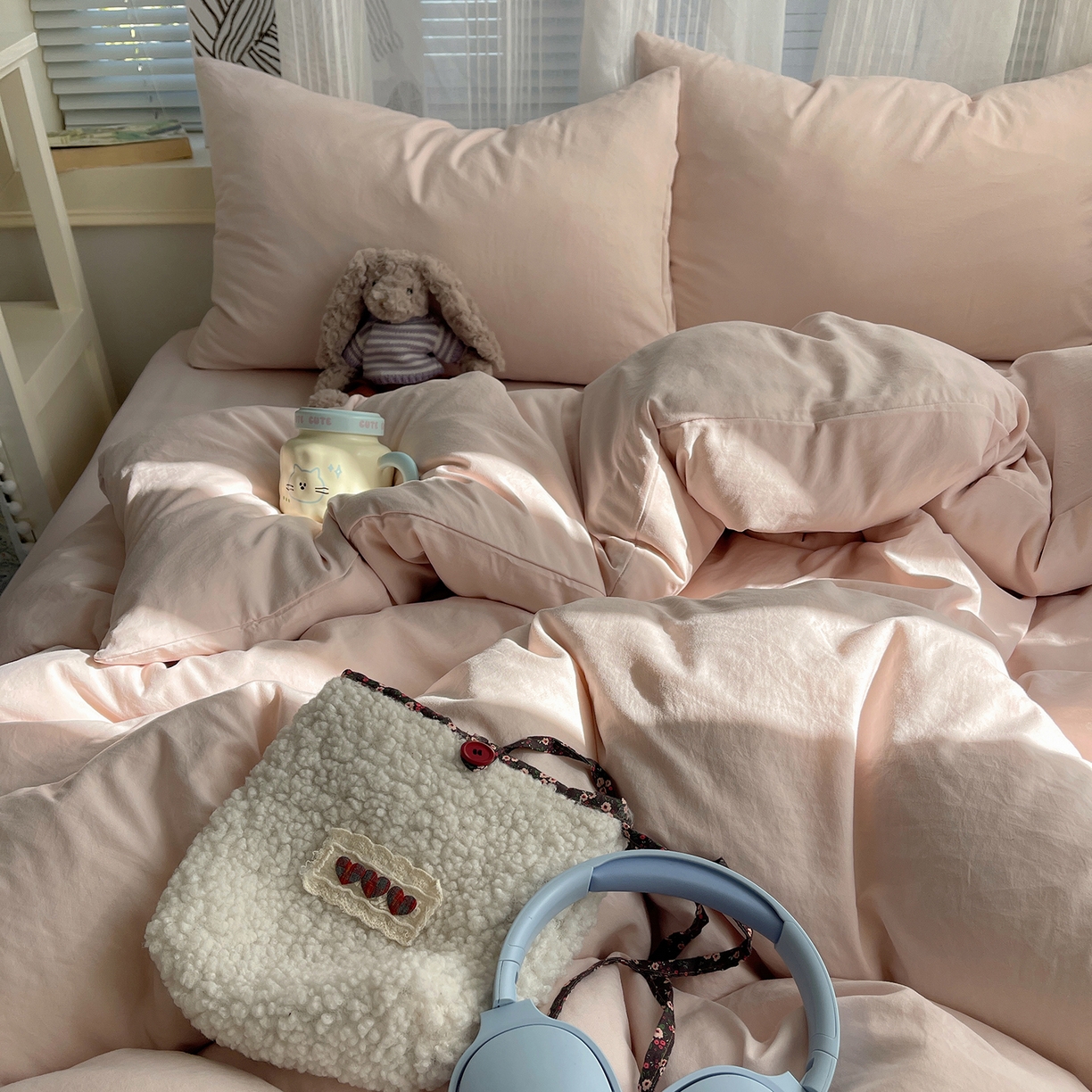 91家纺网 家纺一手货源 找家纺 沐芷 2026 纯色水洗棉A类四件套105g床上用品床单被套三件套---【提供买家秀】 纯粉玉