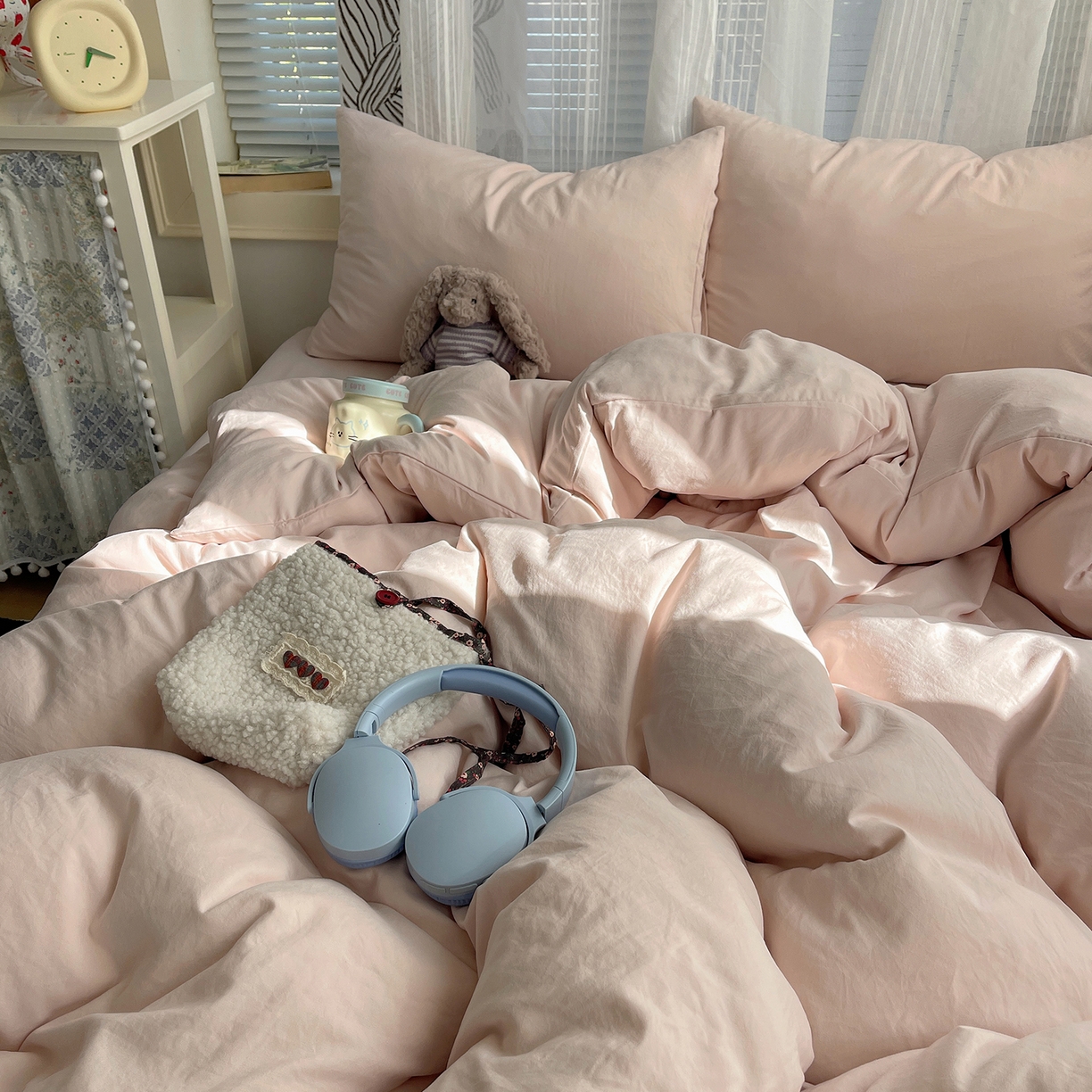 91家纺网 家纺一手货源 找家纺 沐芷 2026 纯色水洗棉A类四件套105g床上用品床单被套三件套---【提供买家秀】 纯粉玉