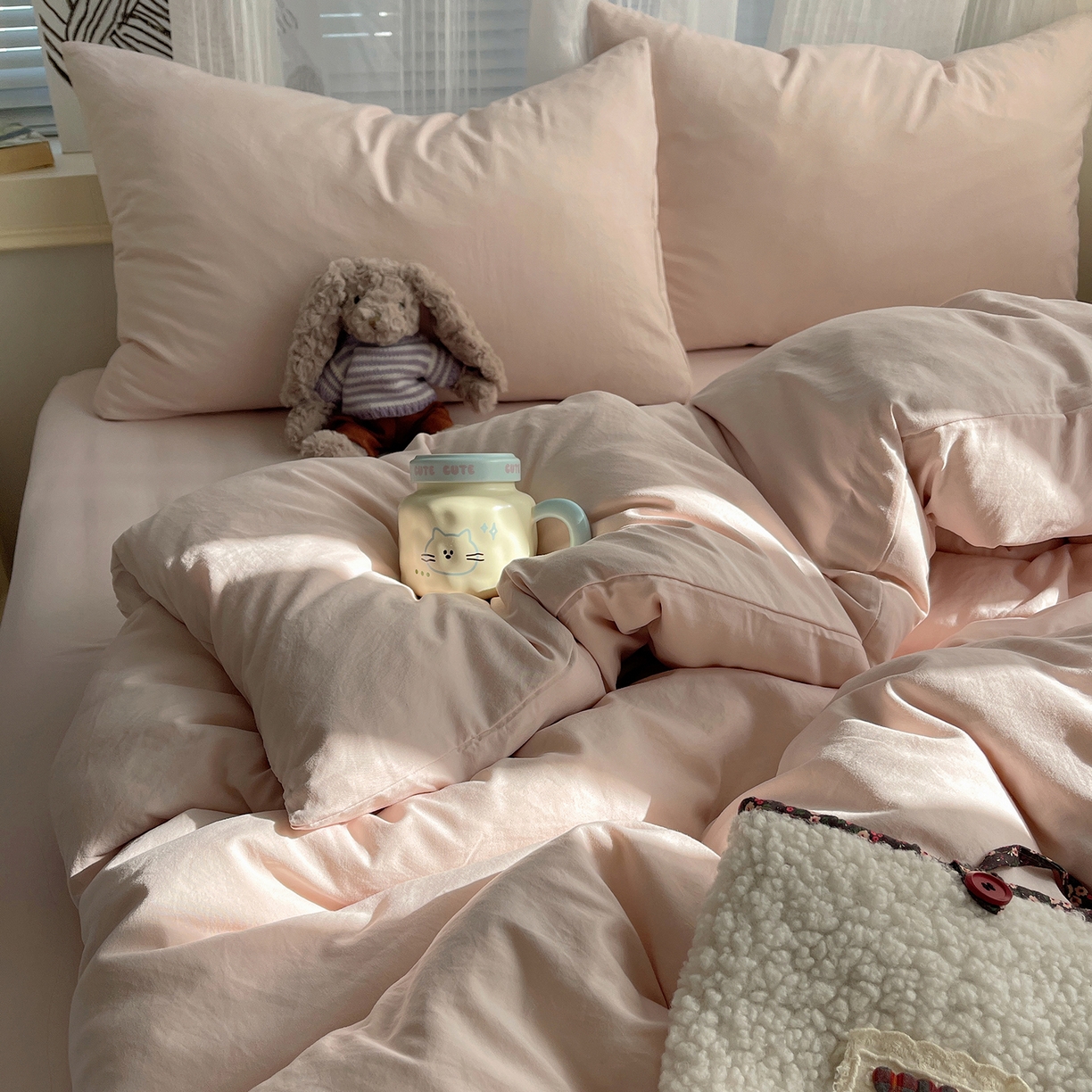 91家纺网 家纺一手货源 找家纺 沐芷 2026 纯色水洗棉A类四件套105g床上用品床单被套三件套---【提供买家秀】 纯粉玉